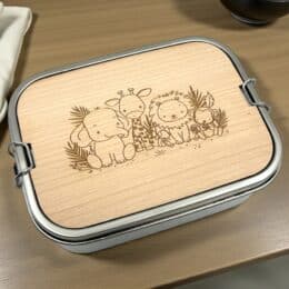 Personalisierte Edelstahl Snackbox mit Holz-Schneidebrett